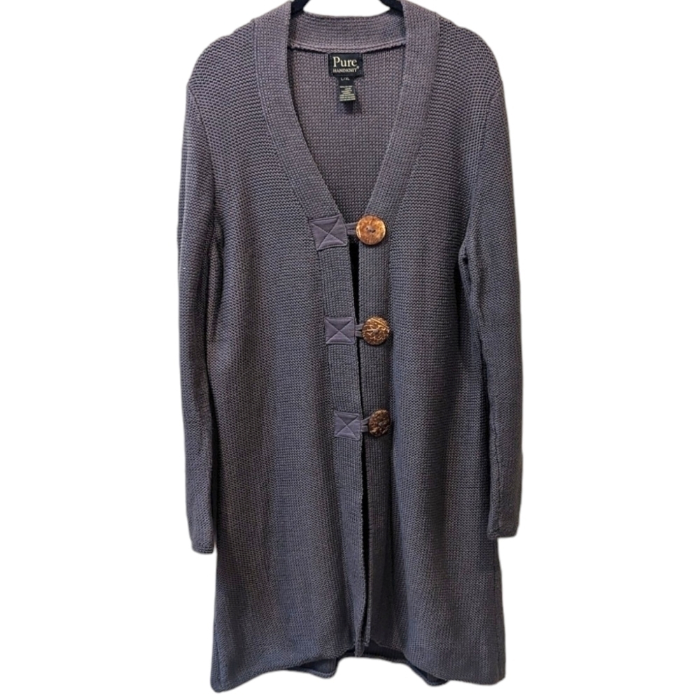 Pure Handknit Long Line Gray Statement Button 100% Cotton Cardigan Sweater (L)